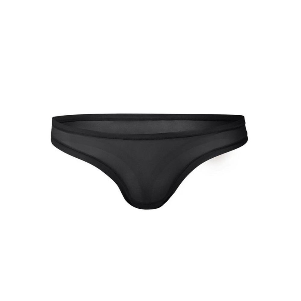Lightweight low-rise mesh thong (black and beige).